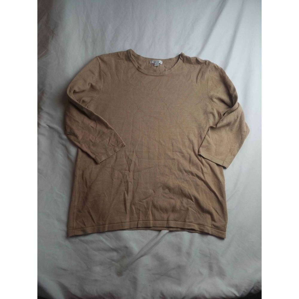 Erin London Pullover Sweater Womens Medium Tan Knit 3/4 Sleeve Classic Crew Neck